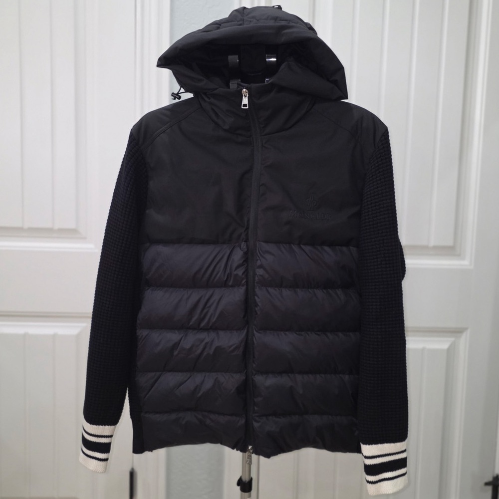 Moncler Navy Quilted Hooded Puffer with Knit Sleeves